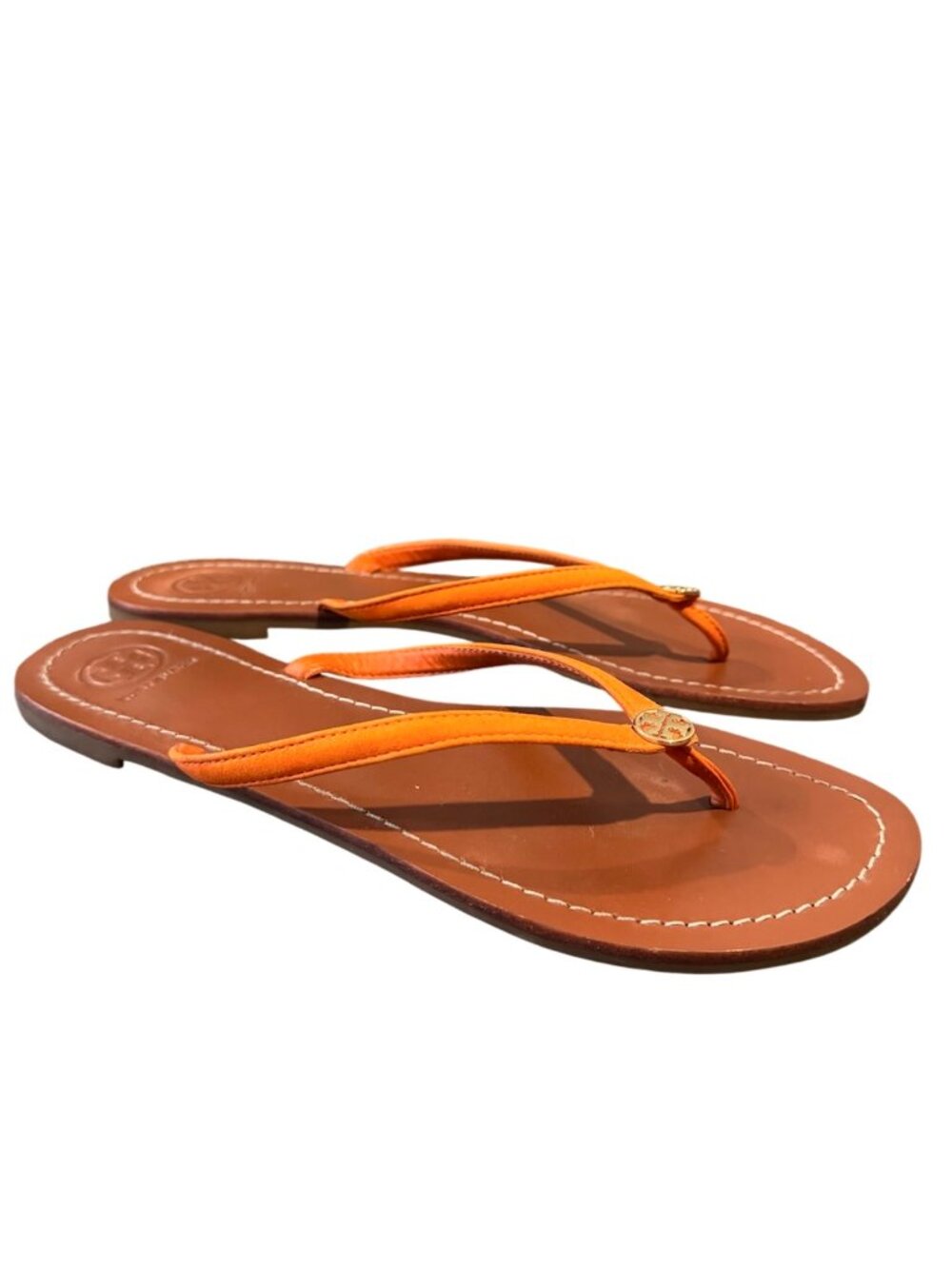 Tory Burch Terra Thong Sandal Womens 9.5 Orange Coral Leather Logo Medallion EUC